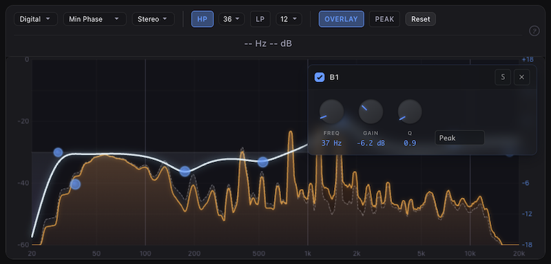 TabDSP graphic EQ panel: 8 bands over a real-time FFT spectrum analyzer