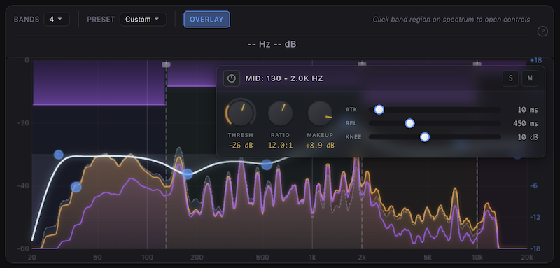 TabDSP multiband compressor: per-band gain reduction across crossover bands