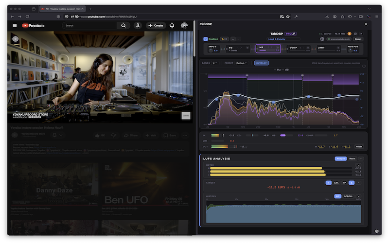 TabDSP popup main view — module strip, signal chain, and meters
